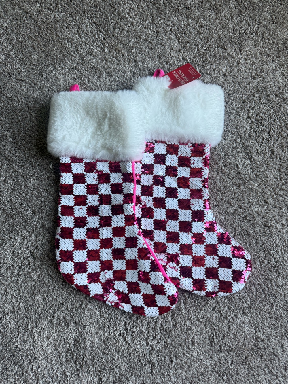Pink Checkerboard Christmas Stocking with White Faux Fur Cuff